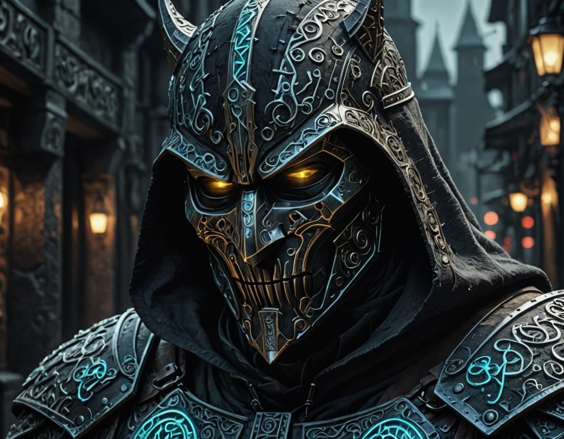 Dark Fantasy Knight with Engraving Runic Neon Mask