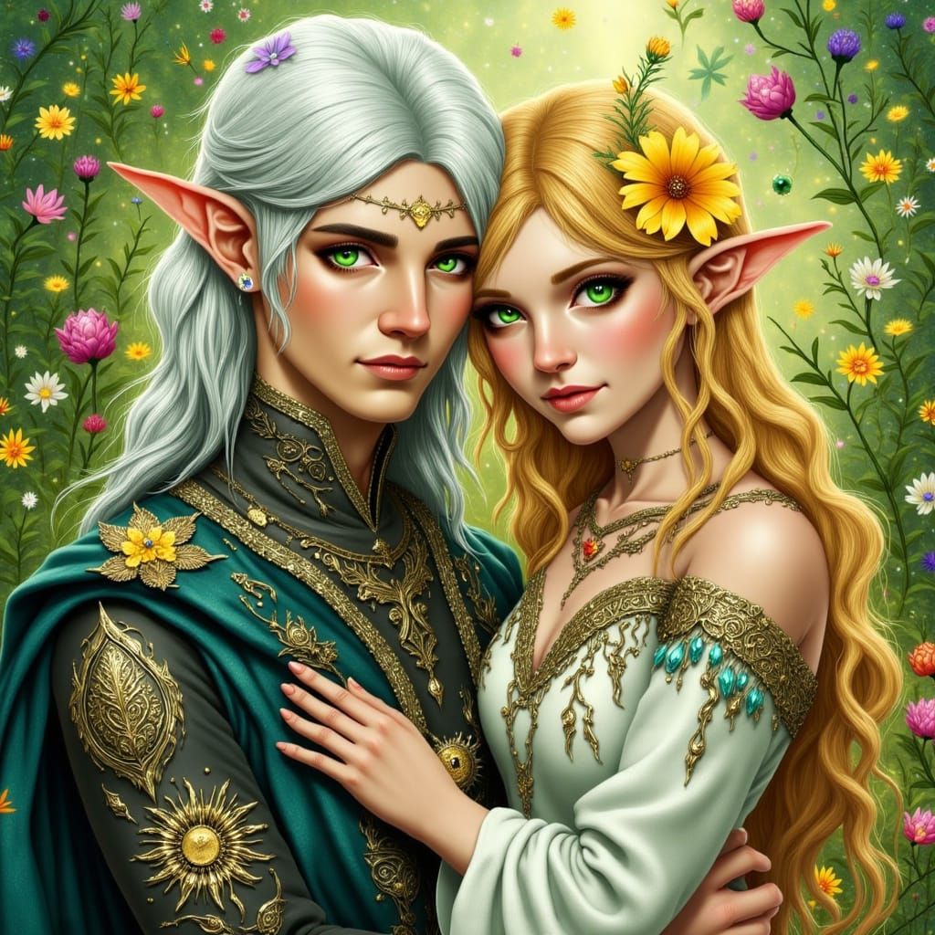 Ethereal Elf Lovers in Whimsical Landscape