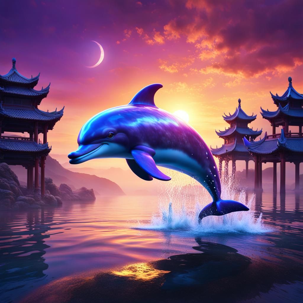 Magical Dolphin Leaps in Chinese Sunset Landscape