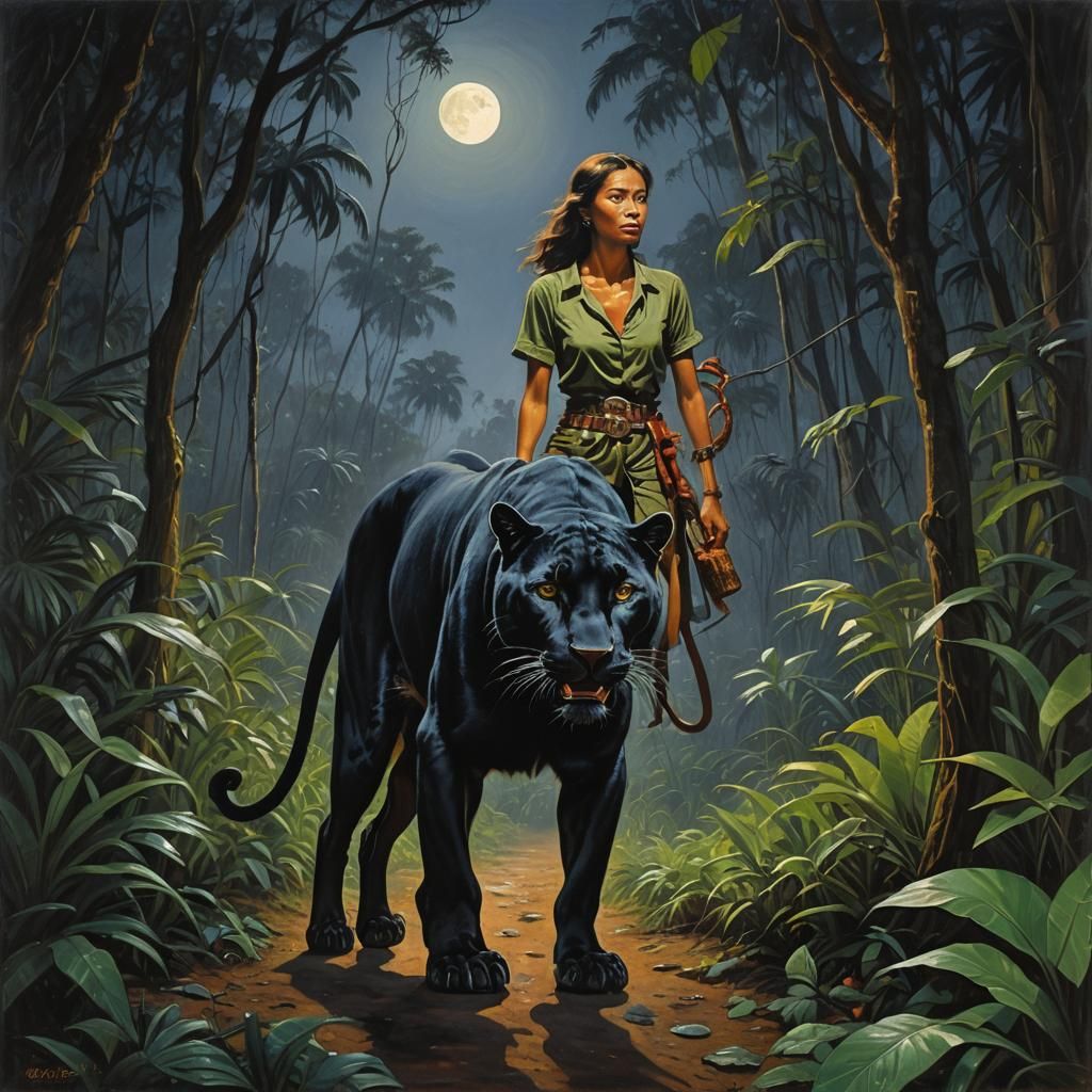 Woman and Panther in Jungle Moonlight