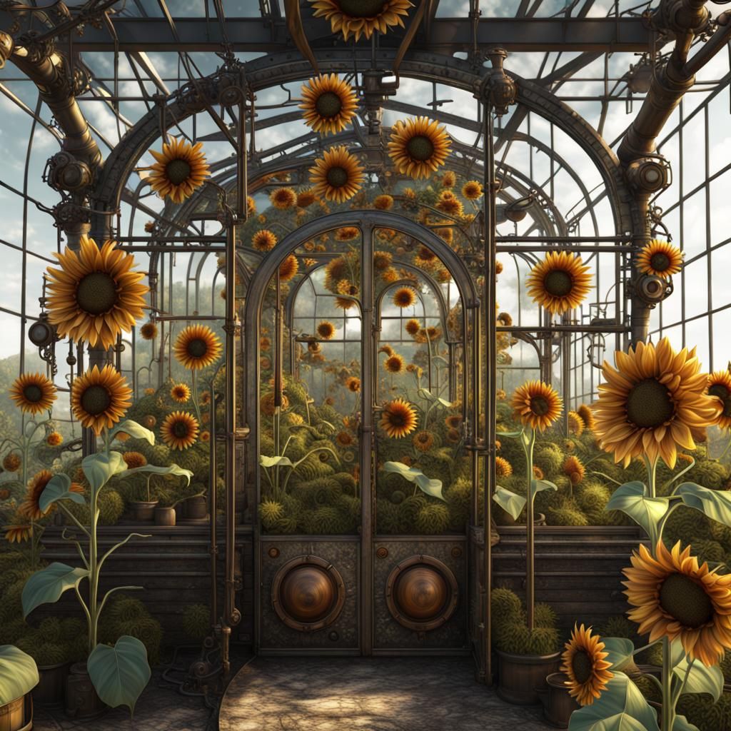 Steampunk Greenhouse with Metal Sunflowers in Octane Render