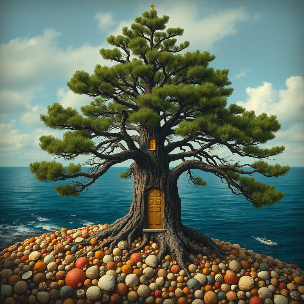 Ornate Pine Tree with Doors on Ocean Shore