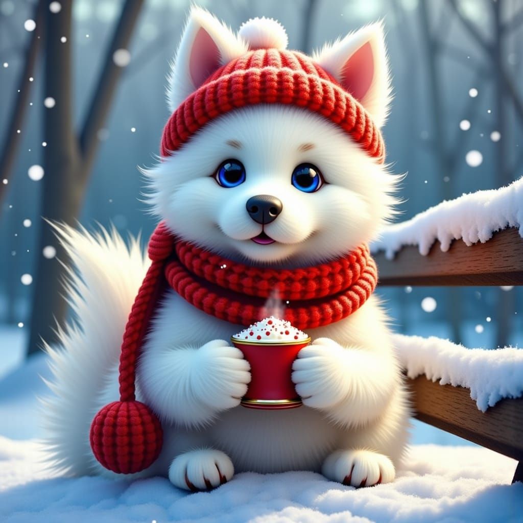 Fluffy Samoyed Dog in Winter Wonderland Illustration
