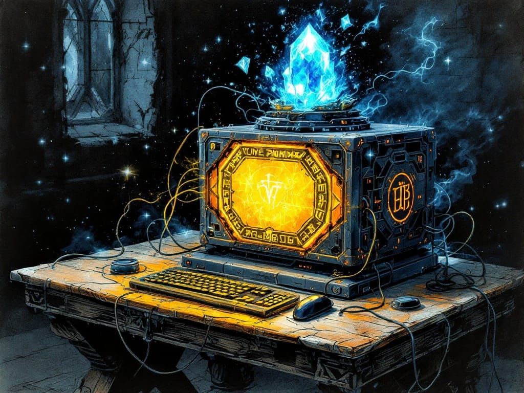 Magical Crystal-Powered Computer with Glowing Runes