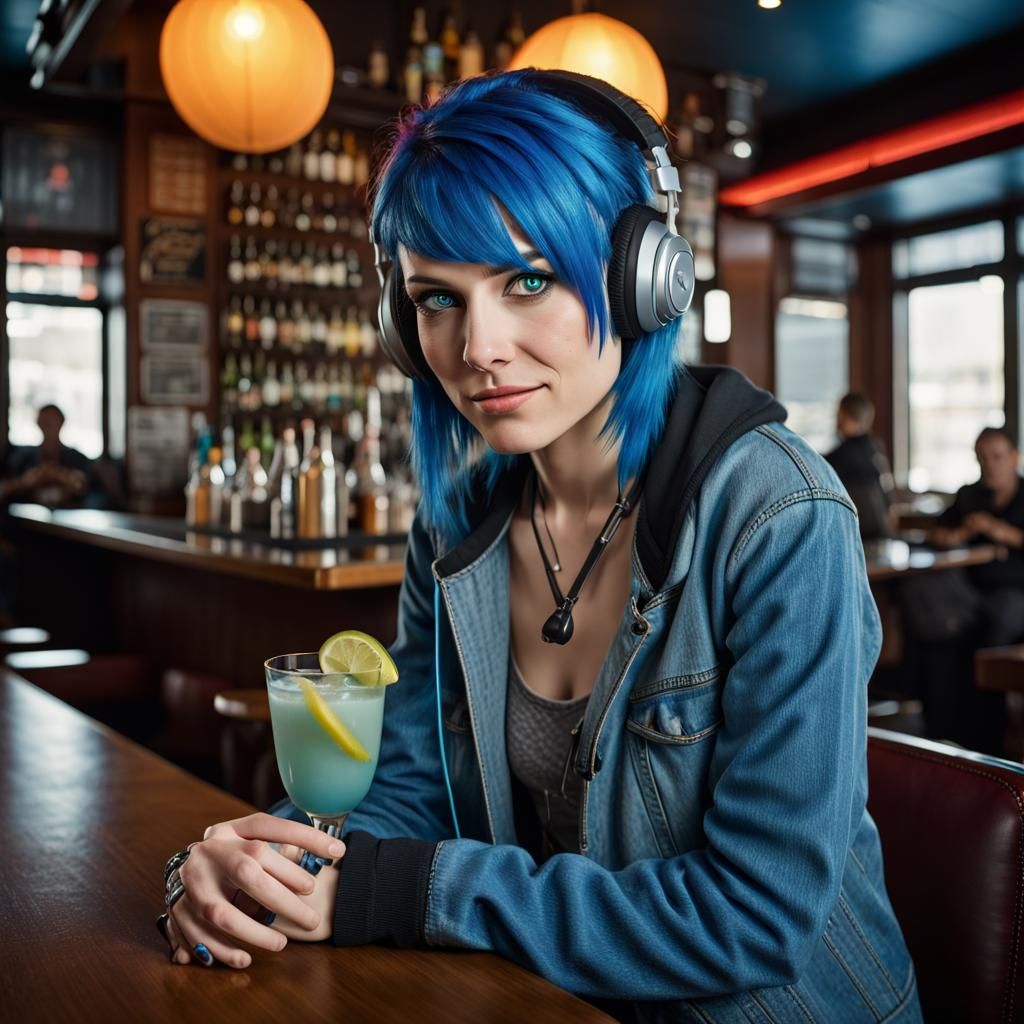 Emo Girl with Blue Hair in Bar Portrait