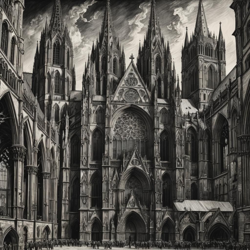 Koln Cathedral: Hyperdetailed Charcoal Architectural Drawing