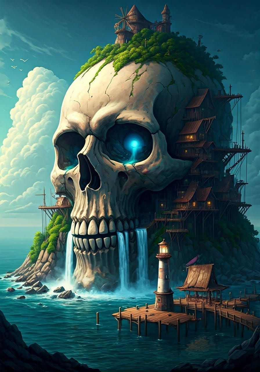 Skull Island Pirate Hideout at Night