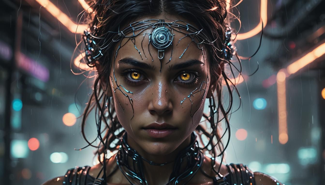 Woman with Glowing Eye Walks Tightrope: Hyperrealistic Conce...