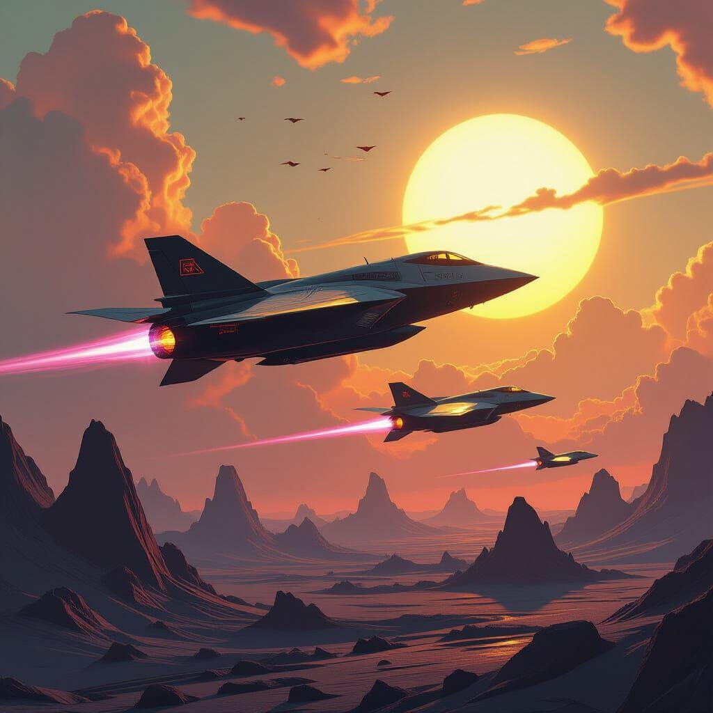 Futuristic Stealth Bombers Soaring Through Alien Sky