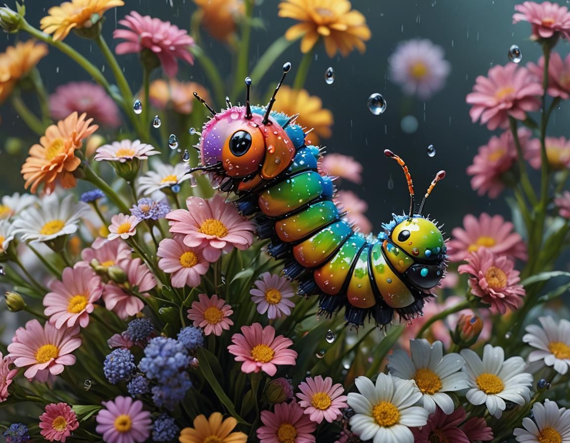 Colorful Caterpillar on Flowers: Macro Fantasycore Artwork