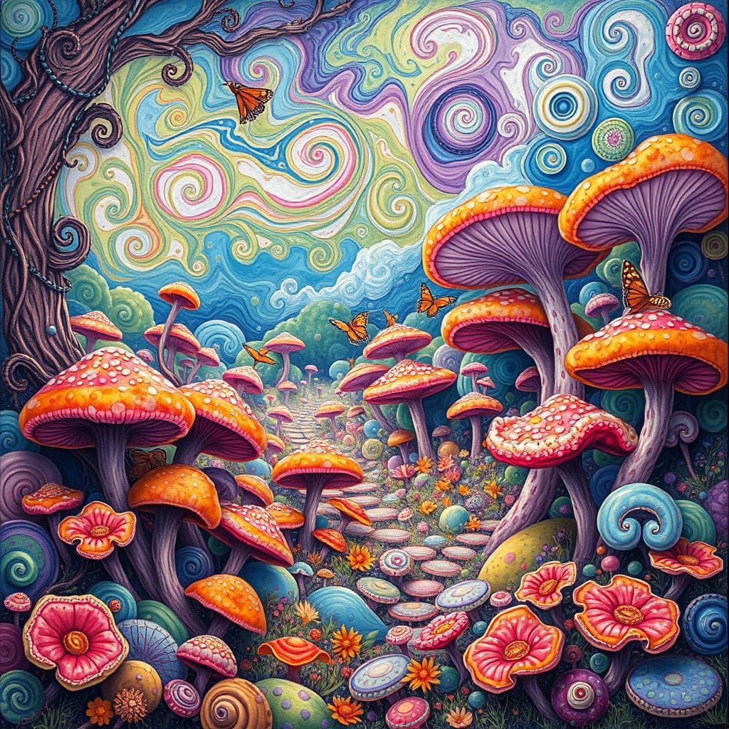 Whimsical Fungal Wonderland in Vibrant Gouache