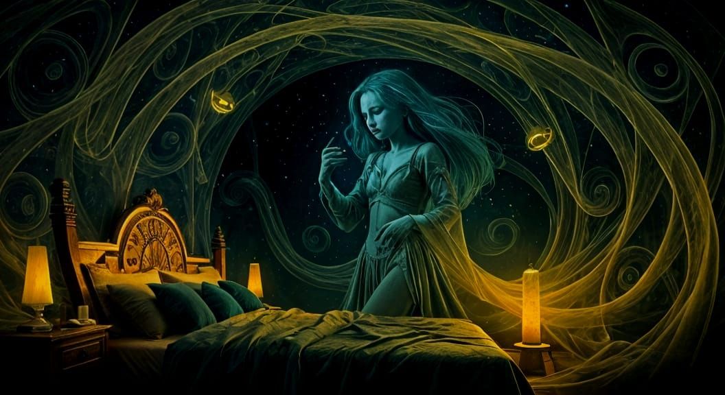 Dreamlike Apparitions Surround Bed in Surreal Visions