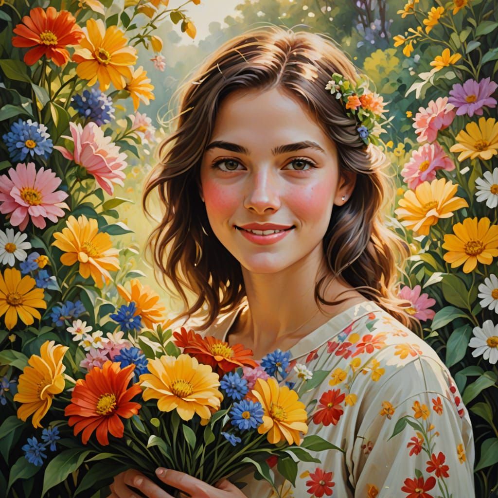 Whimsical Floral Portrait in Impressionist Style