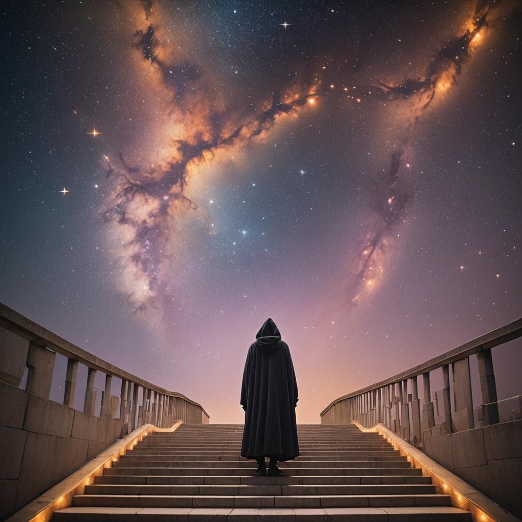 Surreal Cloaked Figure on Infinite Starry Staircase