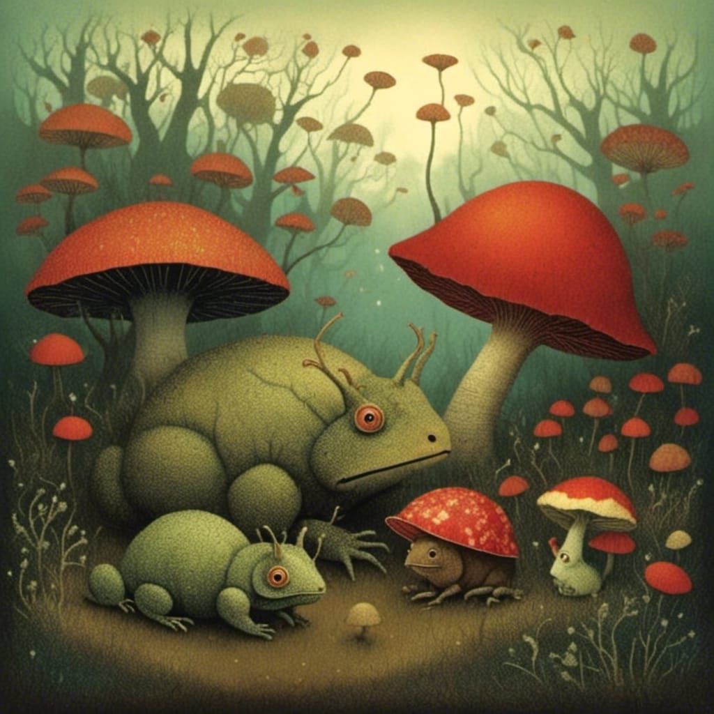 Toads and Toadstools in a Fairytale Setting
