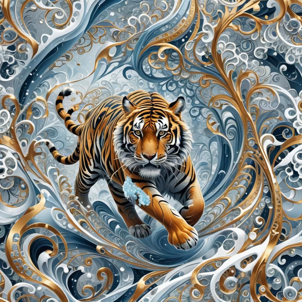 Abstract Fractal Tiger Running in Snow