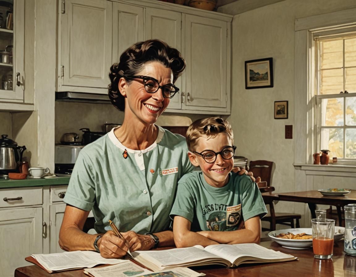 Boy Reading with Mother, 1960s Illustration