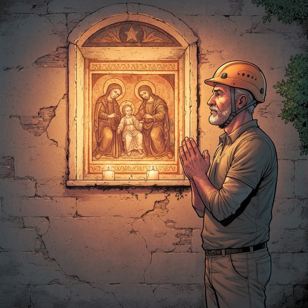 Man Prays at Sacred Shrine with 14th Century Fresco