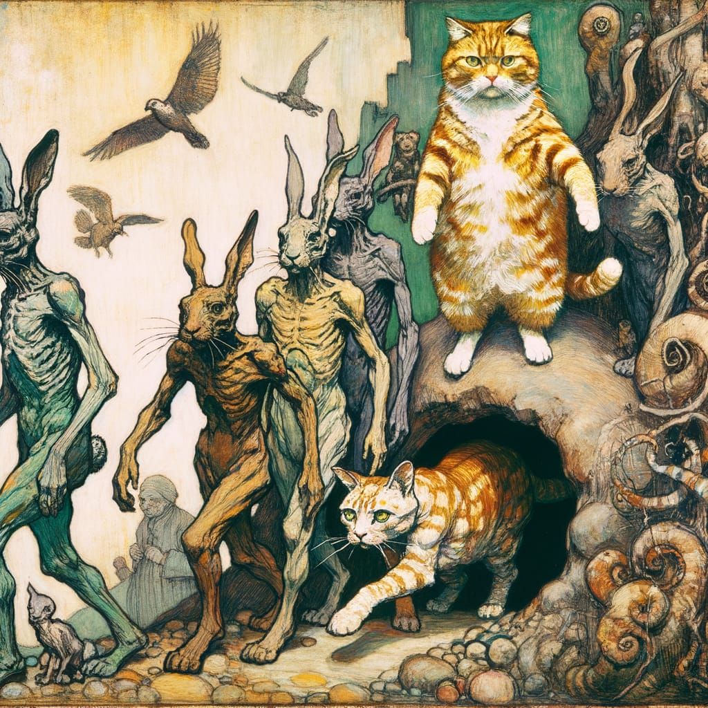 Rabbits Evicting Cat: Gouache Watercolor Painting