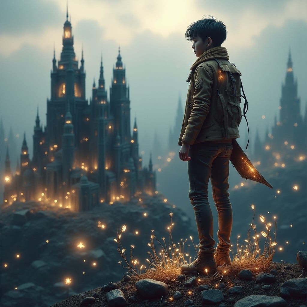 Young Survivor Gazing Out at Ruined Cityscape in Gritty Post...