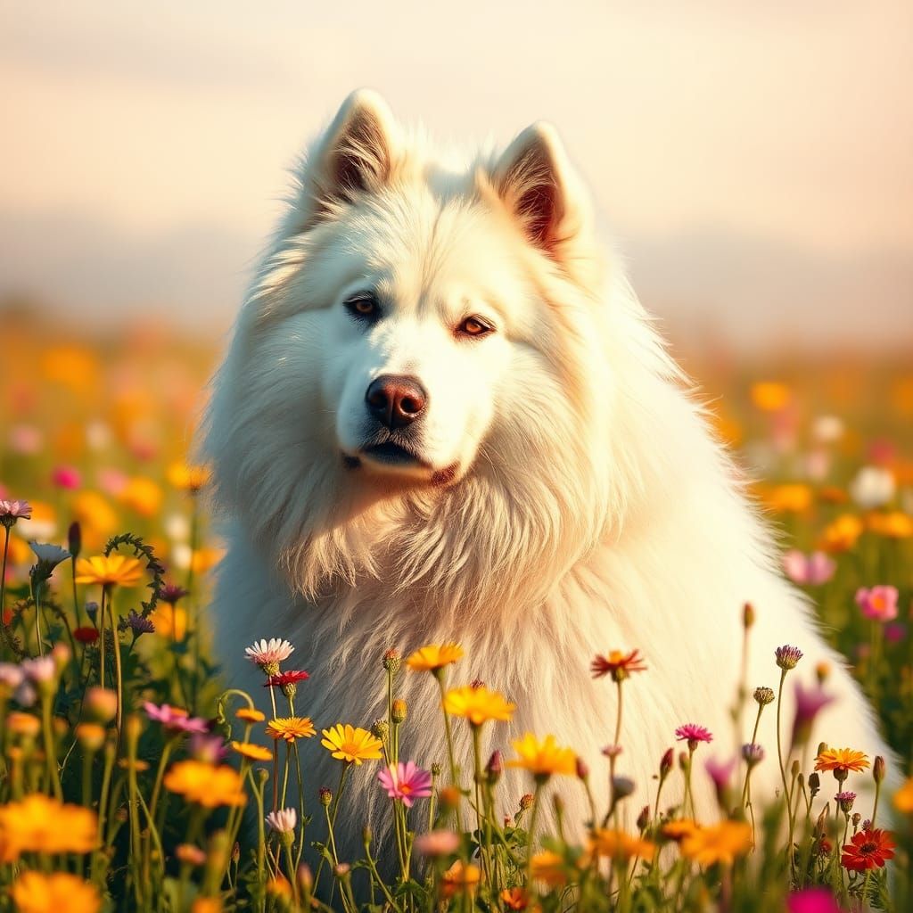 Majestic Fluffy Dog in Wildflower Meadow