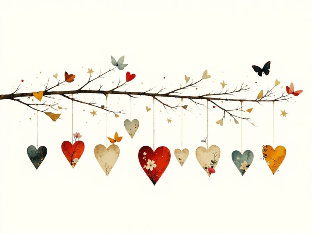 Colorful Heart Ornaments on Branch