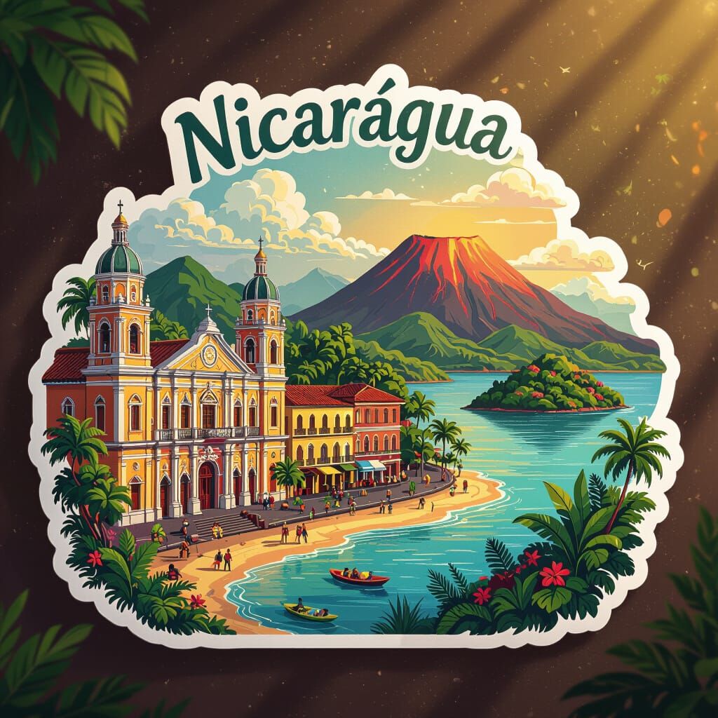 Nicaragua Travel Sticker: Vibrant Colonial Architecture & Vo...