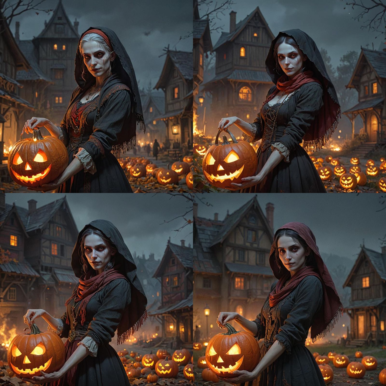 Gothic villager women holding jack-o'-lanterns