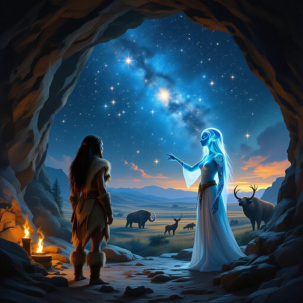 Neanderthal Woman Meets Alien Under Orion Constellation