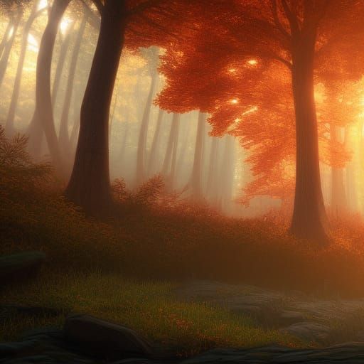Sunlit Autumn Forest Landscape in Matte Painting Style