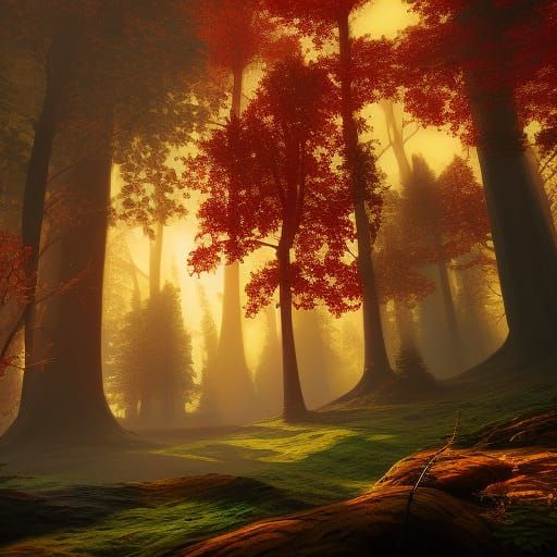 Autumn Forest Landscape with Sun and Fog