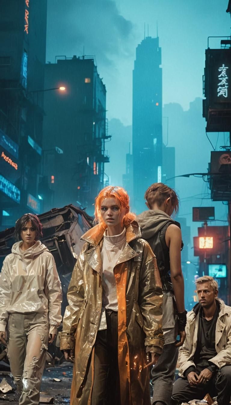 Cyberpunk Cityscape with Neon Lights and Film Grain