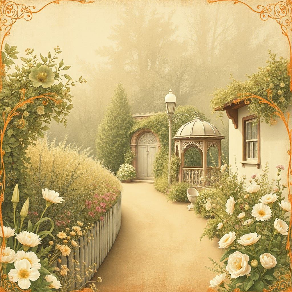 Enchanting Victorian Garden Scene in Shabby Chic Style