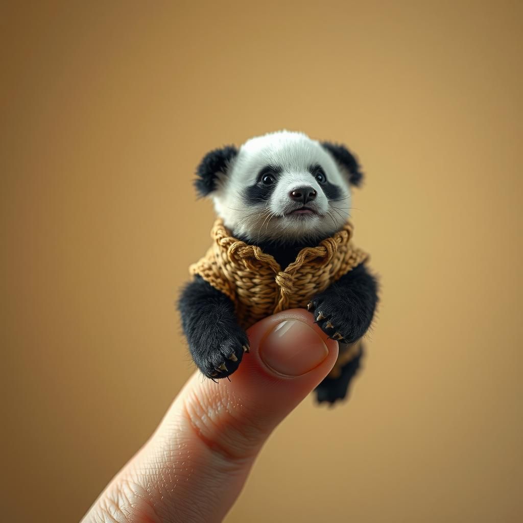 Miniature Panda Cub on Finger in Hyperrealistic Detail