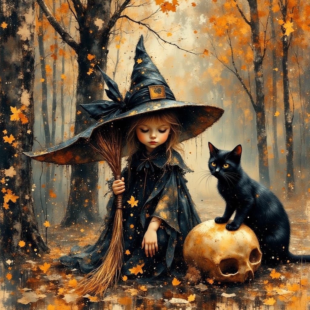 Witch with Cat in Glitch Art Style
