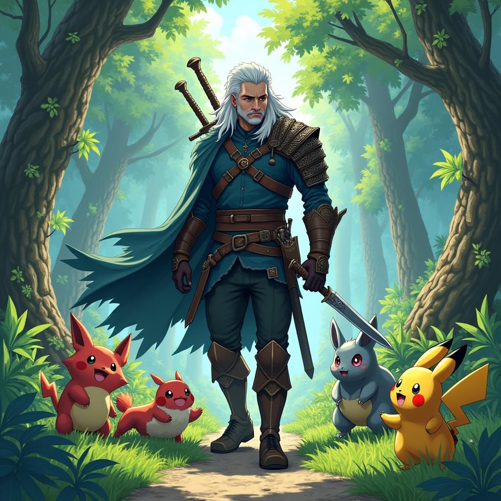 Geralt of Rivia in Pokemon World as Anime Art