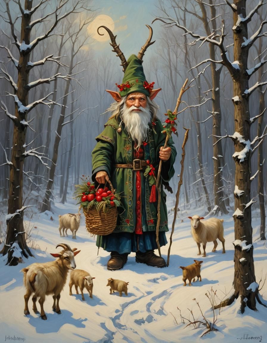 Yule Straw-Goat Nordic Gnome in Winter, Oil Painting