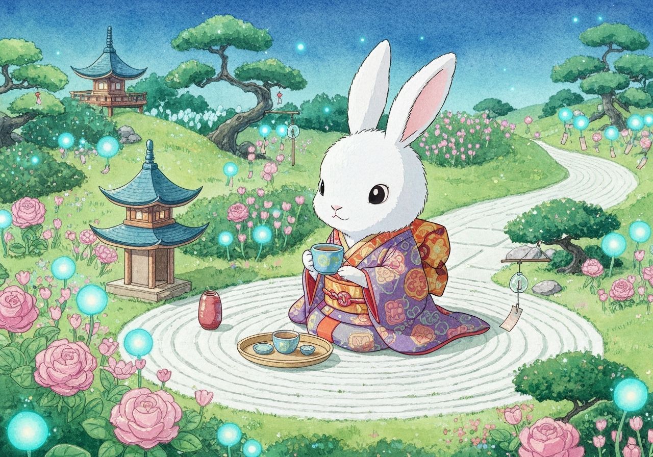Rabbit in Kimono in Bioluminescent Zen Garden