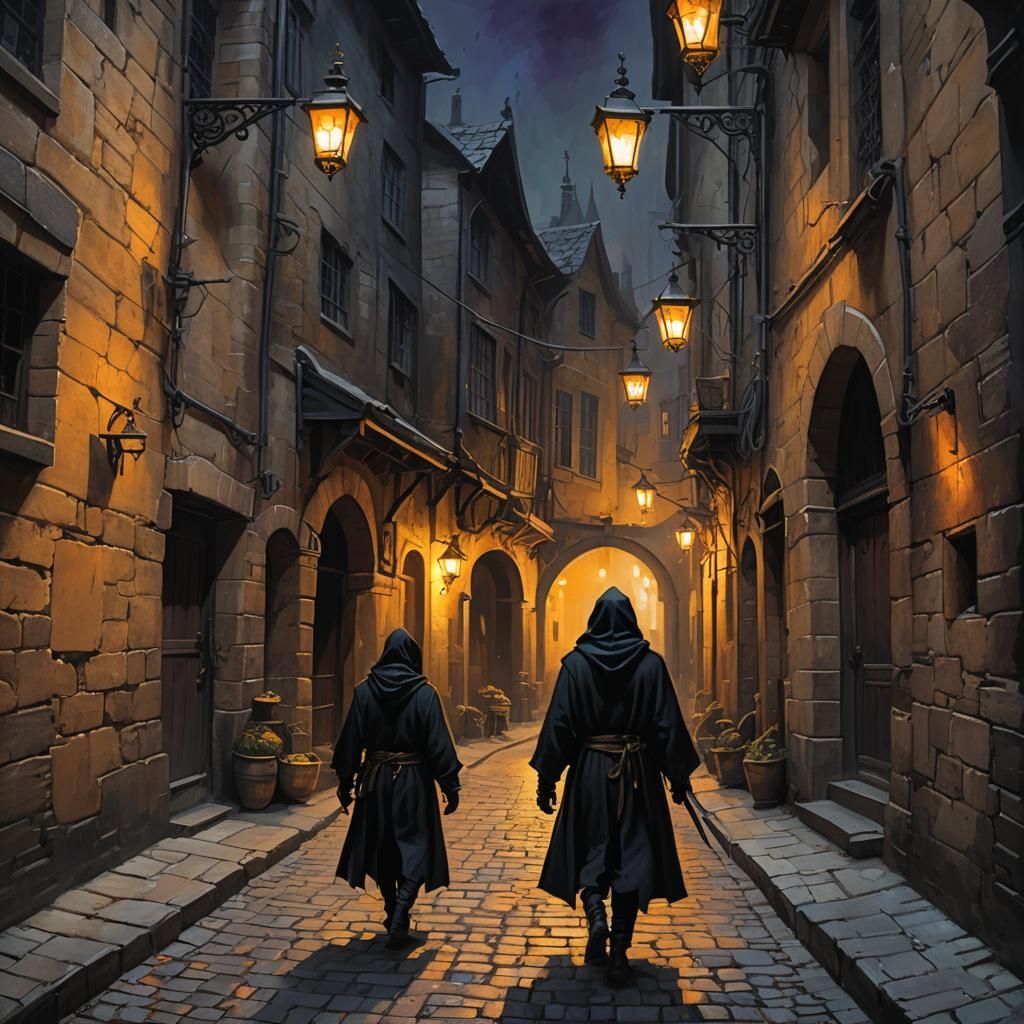 Dark Fantasy Figure in Moody Lit Alleyway