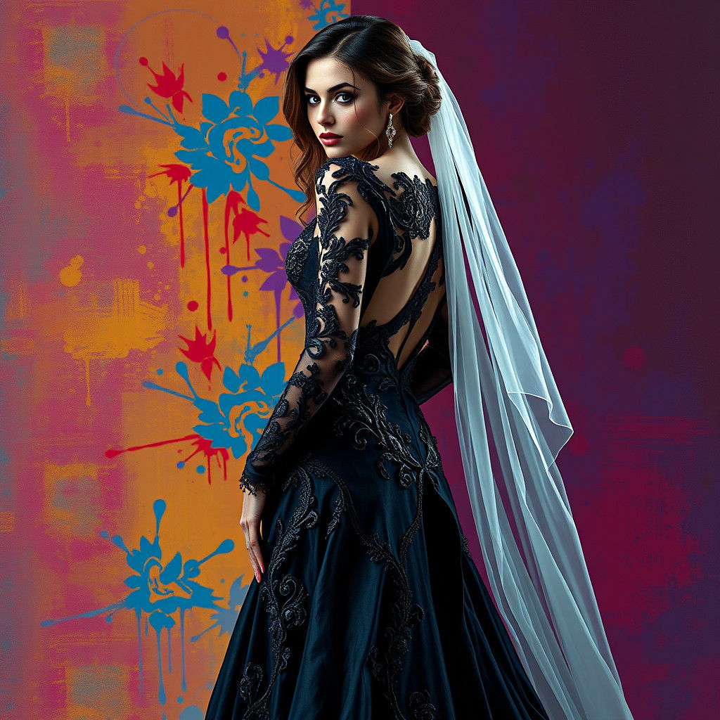 Dramatic Black Wedding Gown in Splash Art Style