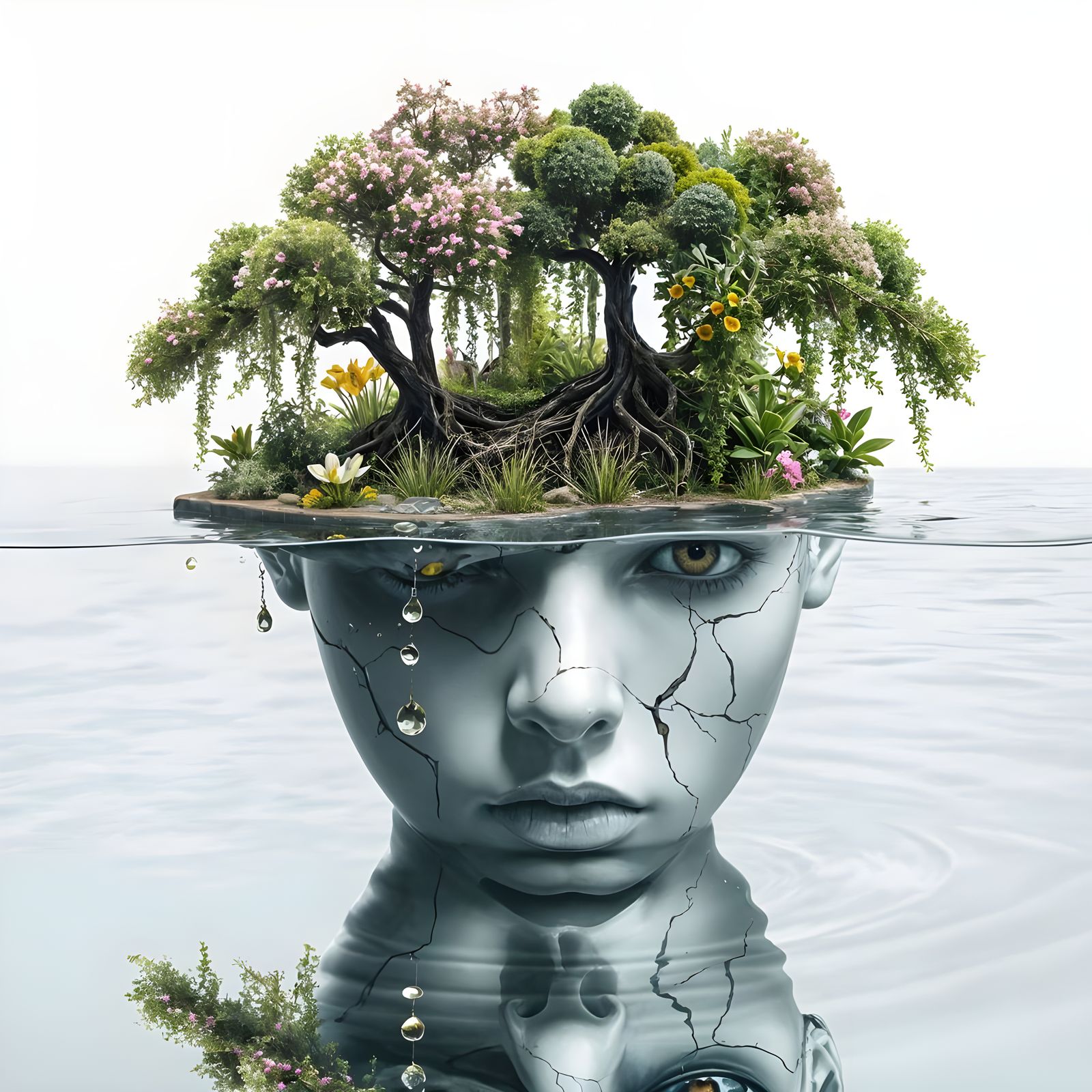 Surreal Garden Within a Tearful Ceramic Face