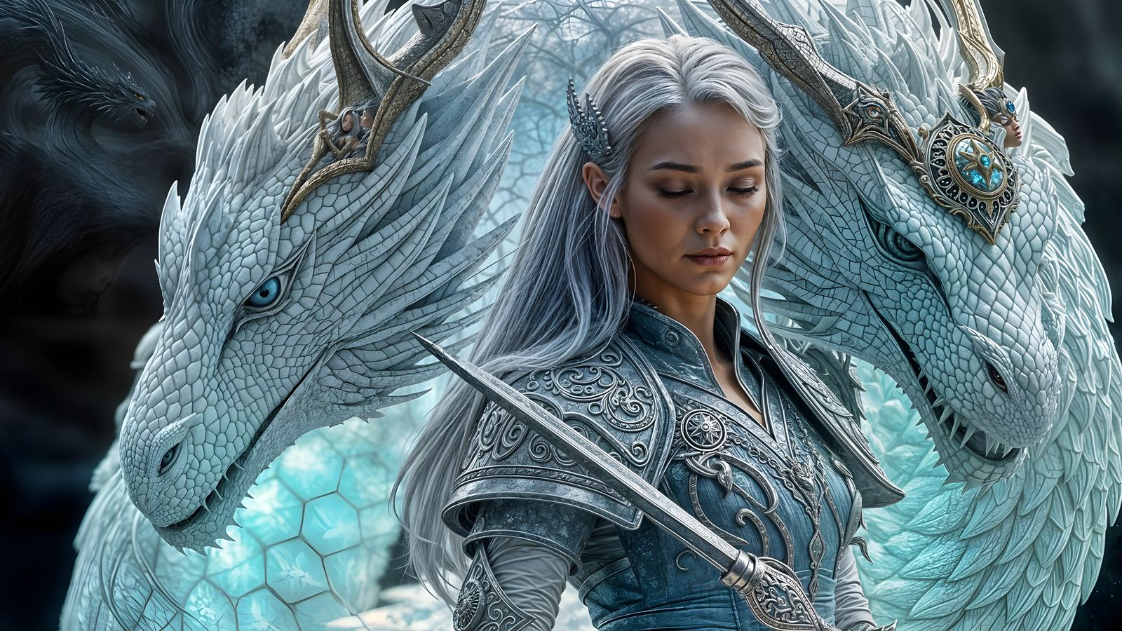 Silver-Haired Warrior with Luminous White Dragon