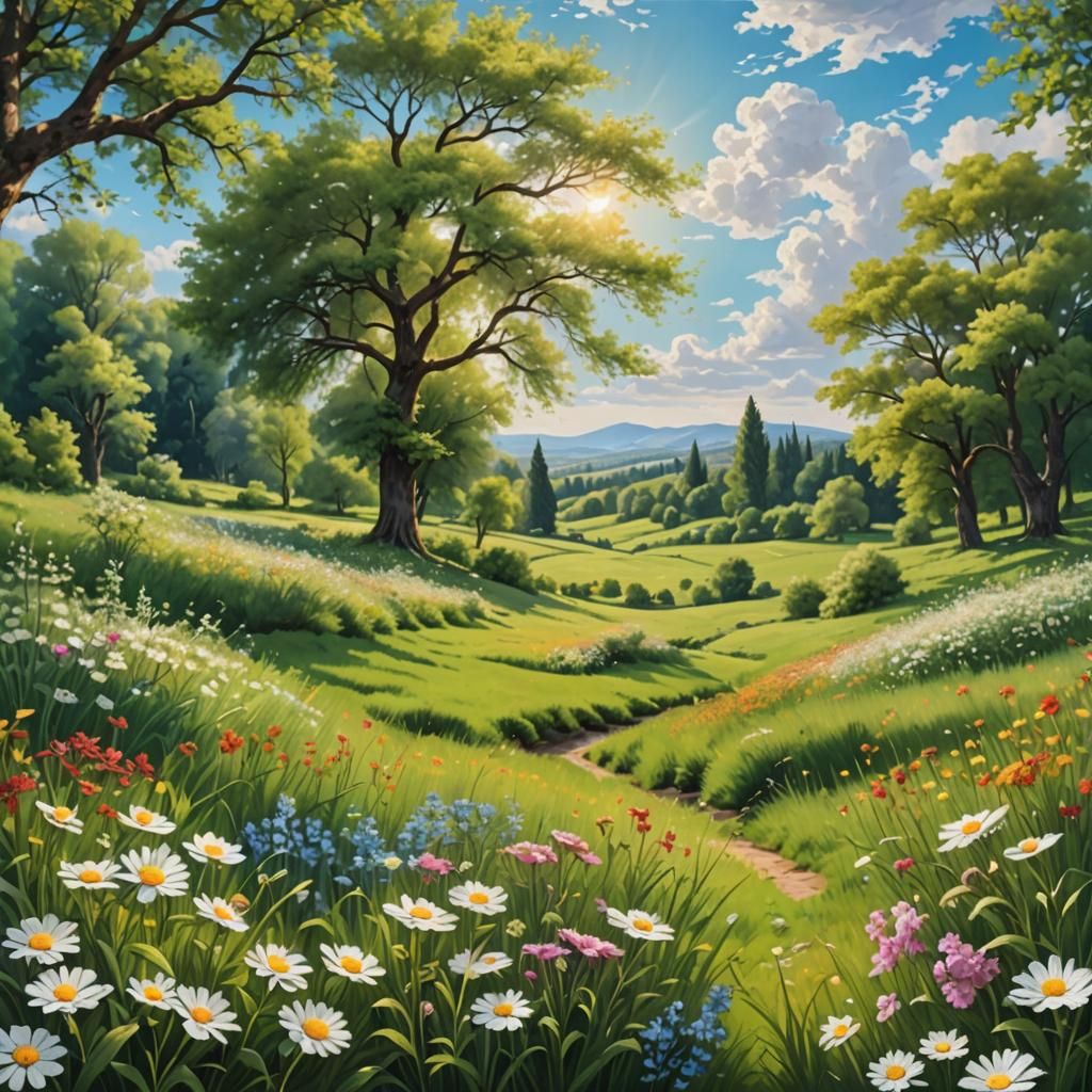 Peaceful Countryside Meadow Photorealistic Painting