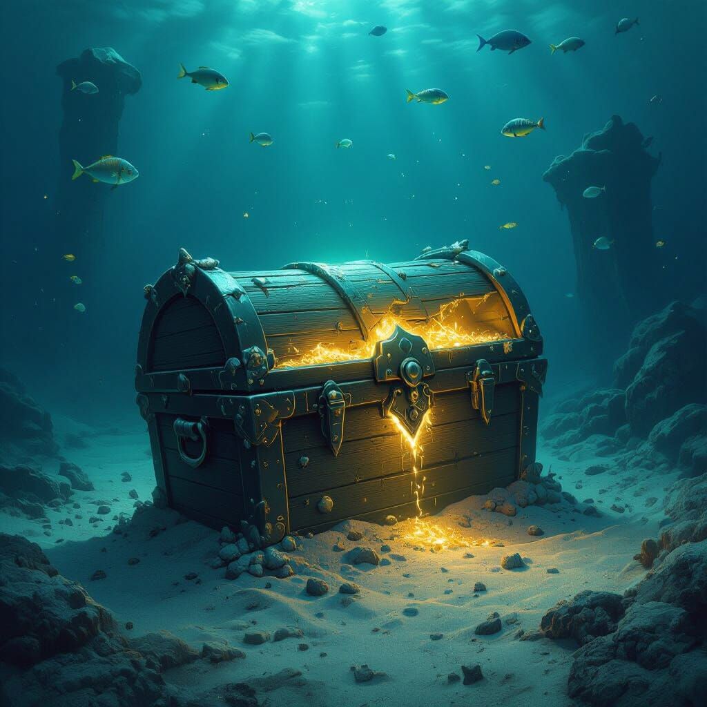 Bioluminescent Treasure Chest in Deep Sea Ruins