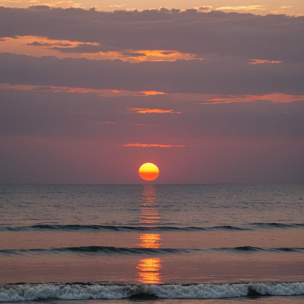 Red Sun Sets Over Ocean at Golden Hour