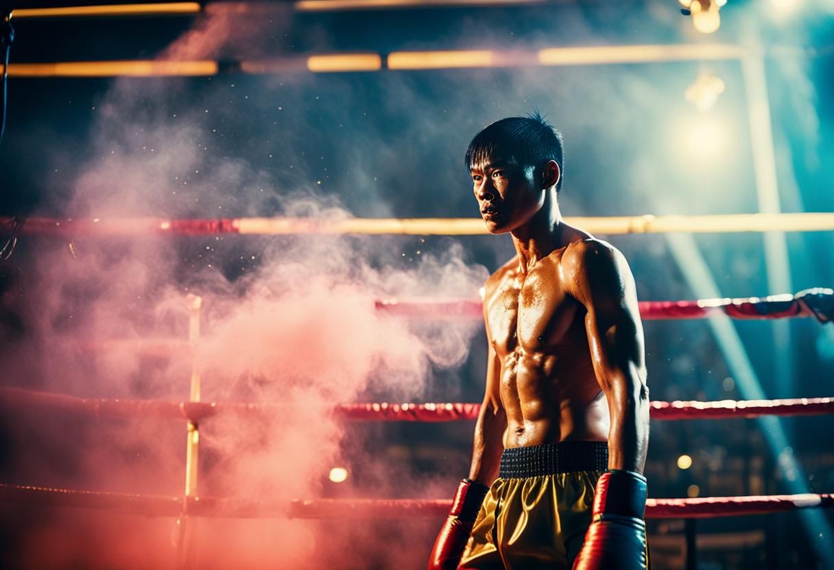 Intense Muay Thai Boxer in Neon-Lit Arena
