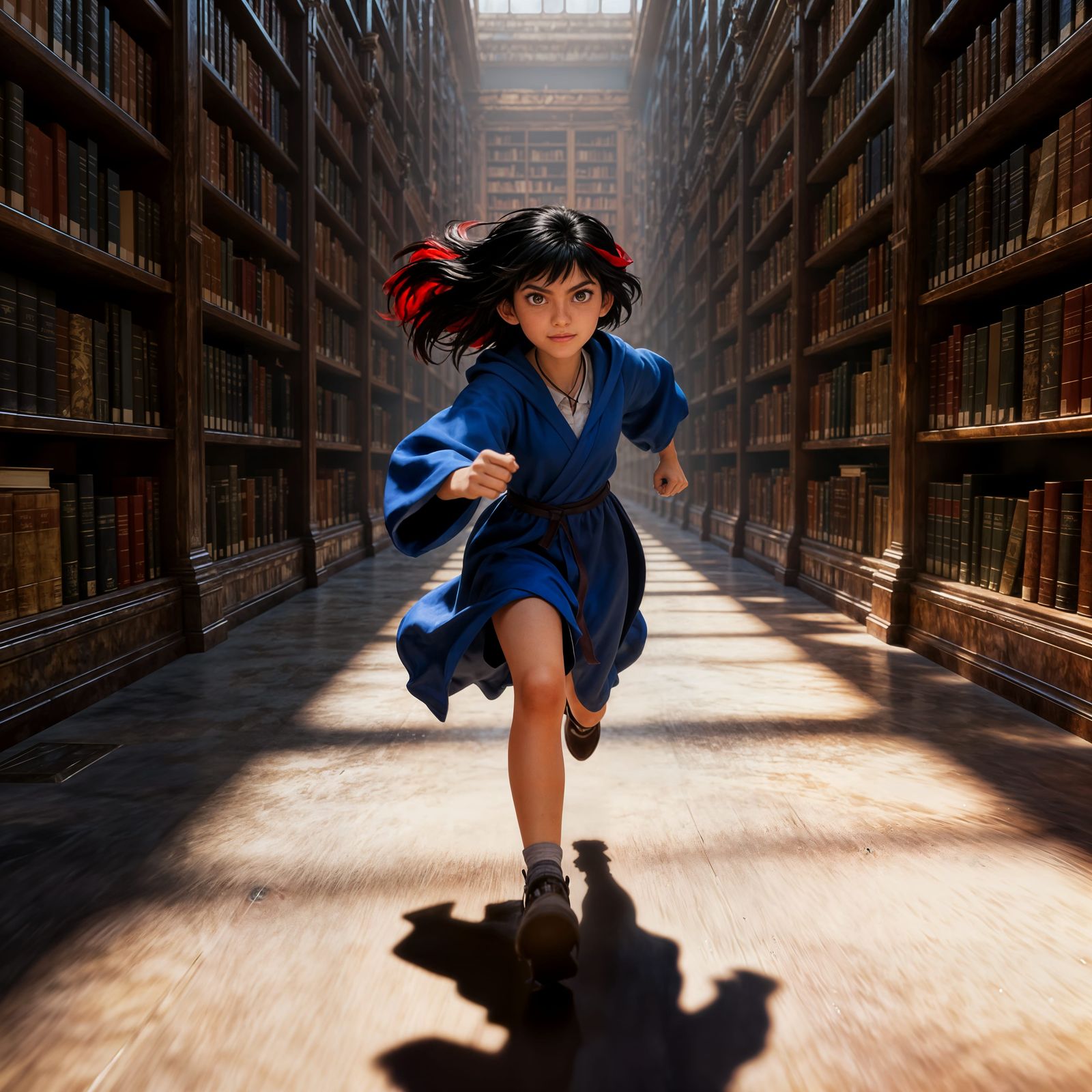 Teenage Girl Runs Through Endless Library in 3D Game Style