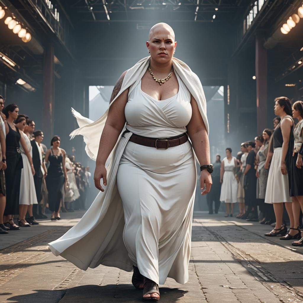 Plus-Size Model on Runway in Detailed Matte Painting