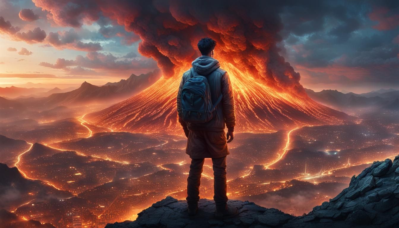 Burning City War Scene in Cosmic Style