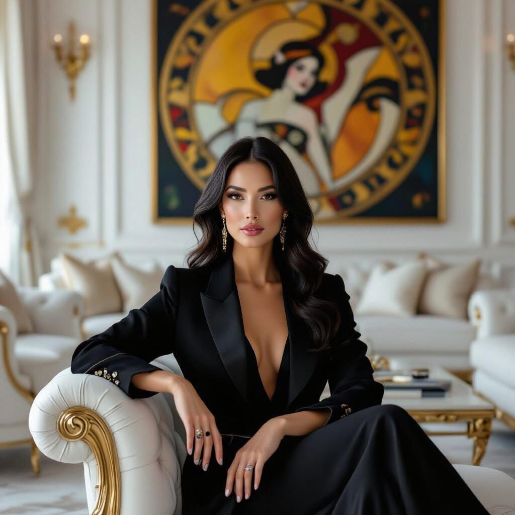 Elegant Woman in Luxury Living Room, Art Nouveau Style